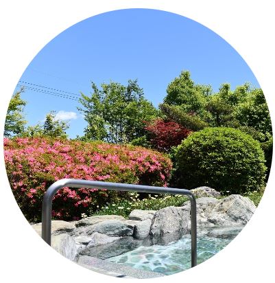 露天風呂の周りもつつじの花がいっぱい澄み切った青空とのコントラスト